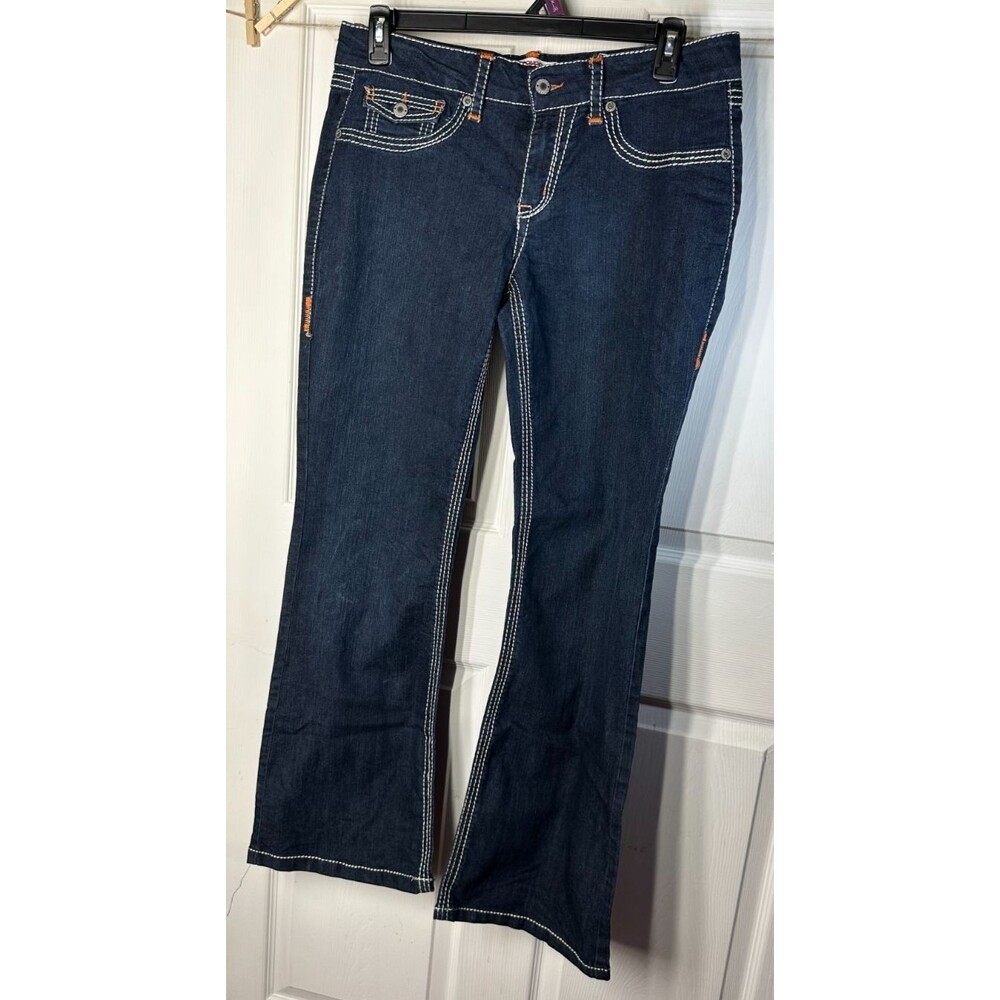 Bongo Jeans Wm's Size 15 BootCut Dark Wash W35 L32 R9.5 Thick Contrast Stitching